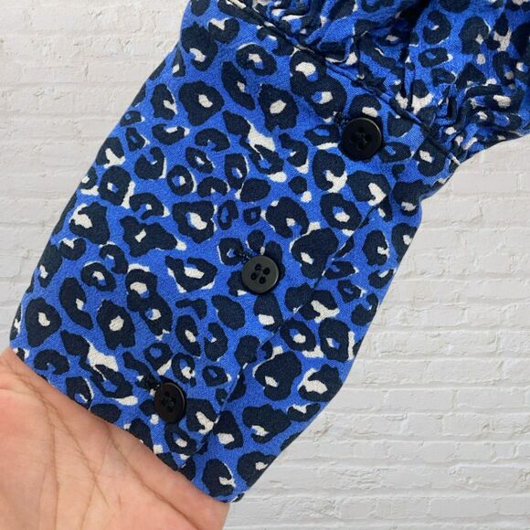 Zara Blue Leopard Print Balloon Sleeve Collared Blouse Oversized Top Size S - Picture 11 of 16